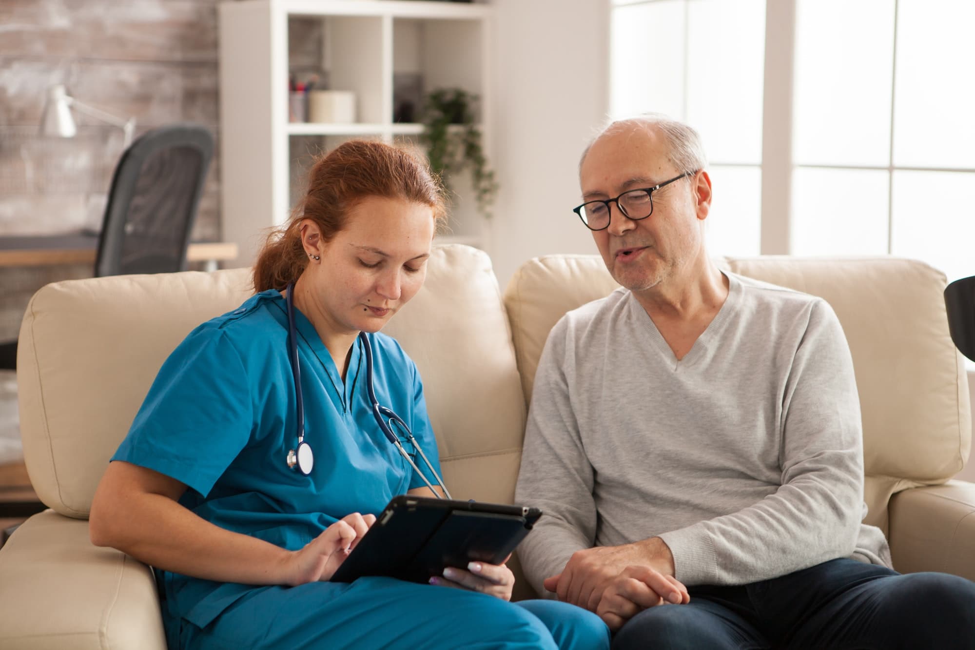 A calm, compassionate scene of caregiving